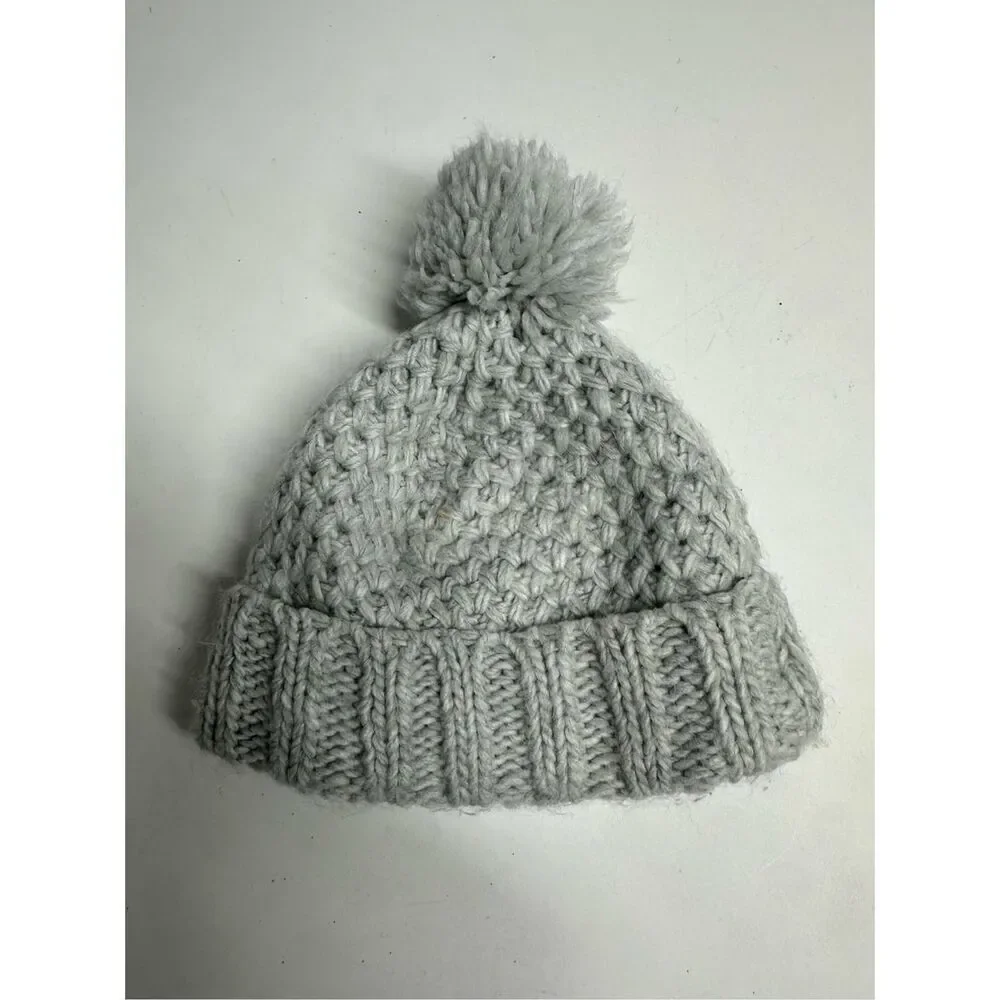 Old Navy Knit Kids Beanie Hat Gray Lined Pompon Size 12 -24 M
